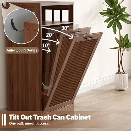 jmhdyg Pet-Proof Single 13 Gallon Tilt Out Trash Can Cabinet with Open Storage – Hide Garbage & Recycling Bins to Keep Your Kitchen Clean and Organized,Walnut thumbnail 8