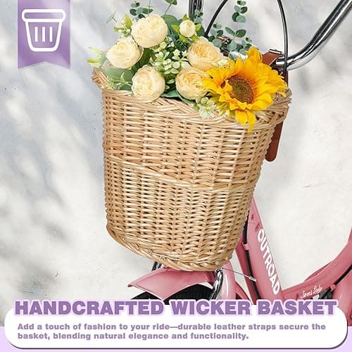 Max4out Beach Cruiser Bike for Adult, Womens Bicycle with Rattan Front Basket, 24 & 26 Inch Comfort Bikes with Adjustable Seat and Dual V-Brake (Pink & White & Green & Purple & Black) - 24 - Pink thumbnail 5