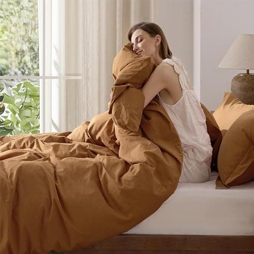 Bedsure 100% Washed Cotton Duvet Cover Queen Size - Brown Minimalist Cotton Duvet Cover Linen Like for All Seasons - GentleSoft™ Plain Simple Bedding, 3 Pieces (Brown, Queen, 90"x90") - Queen (90" x 90") - 06 - Argan Oil (No Comforter) thumbnail 6