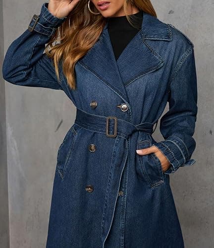 loveimgs Women Vintage Double Breasted Mid Long Denim Jacket Jean Trench Coat Duster Blazer Jacket Windbreaker Belt thumbnail 3