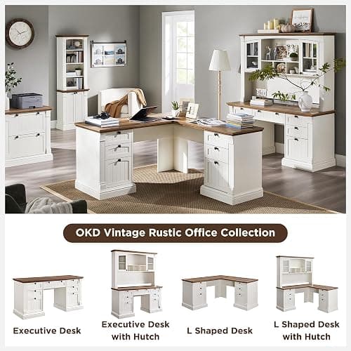 OKD 60" L Shaped Executive Desk with Hutch and Drawers, Farmhouse Home Office Desk with Charging Station, File Cabinet Storage, Wood Corner Computer Desk for Work and Study, Antique White thumbnail 6