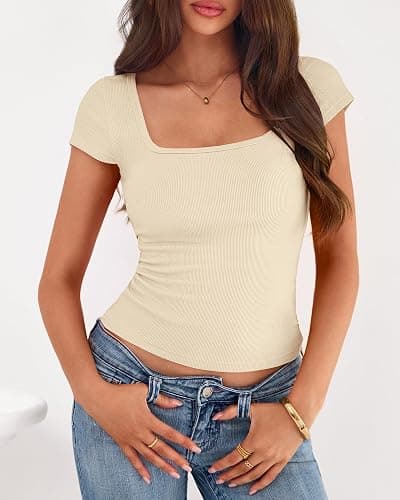 BTFBM T Shirts for Women Square Neck Tops 2026 Spring Trendy Fashion Going Out Workout Y2k Clothes Summer Outfits thumbnail 4