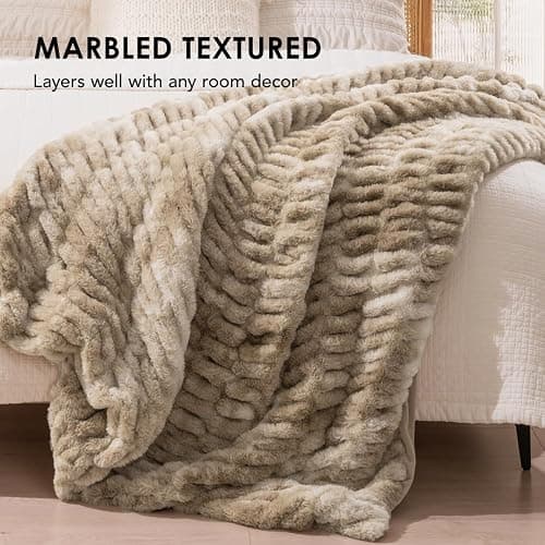 EVERGRACE Luxurious Soft Faux Rabbit Fur Throw Blanket, Cozy Fuzzy Plush Warm Throws for Couch Bed Sofa Chair Home Decor, Ruched Bubble Fluffy Blanket with Reversible Velvet, 60" x 80", Beige thumbnail 4