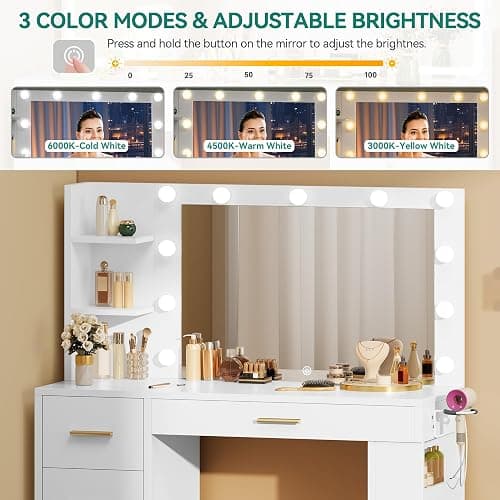 YITAHOME Vanity Desk with Mirror & Lights, Makeup Vanity Table Set with Power Outlet, 4 Drawers, 6 Open Shelves Above and 3 Lighting Modes Dressing Table thumbnail 5