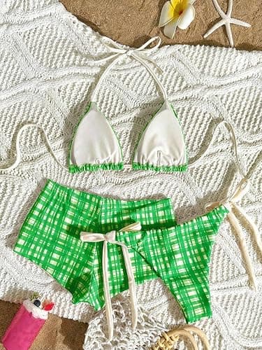 Verdusa Women's 3 Piece Swimsuits Gingham Halter Boyshort Bikini Set Boho Beach Outfits with Boyshorts thumbnail 2