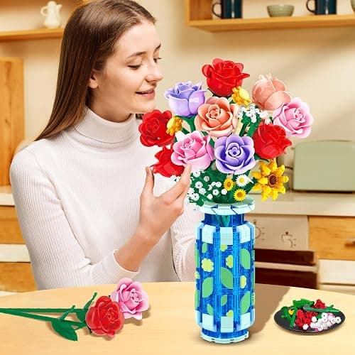 CUBIMANA Roses Flowers Building Set with Vase & LED Light, Mother's Day 16 Mini Flowers Bouquet Botanical Building Blocks Toy, Birthday Gifts for Adults, Artificial Flowers for Home Decor & Display thumbnail 4