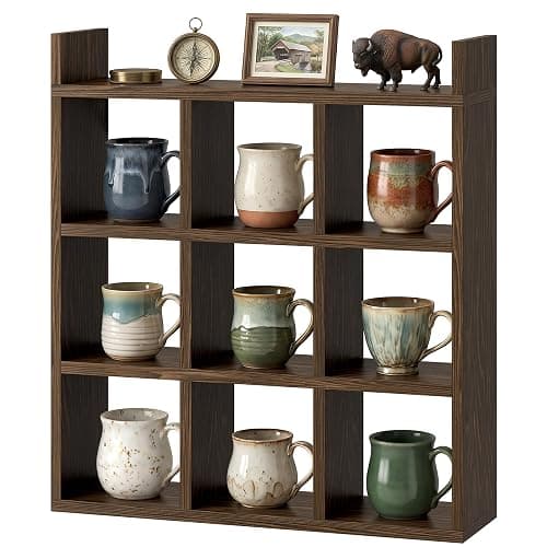 NiHome Mug Holder, Coffee Cup Rack, 9 Cups Wood Wall Mount Display Stand | Burnt Pine Wood, Rustic Hanger For Kitchen, Bar, Office. Easy Assembly With Hardware & Silicone Pads For Tabletop Use - Image 1