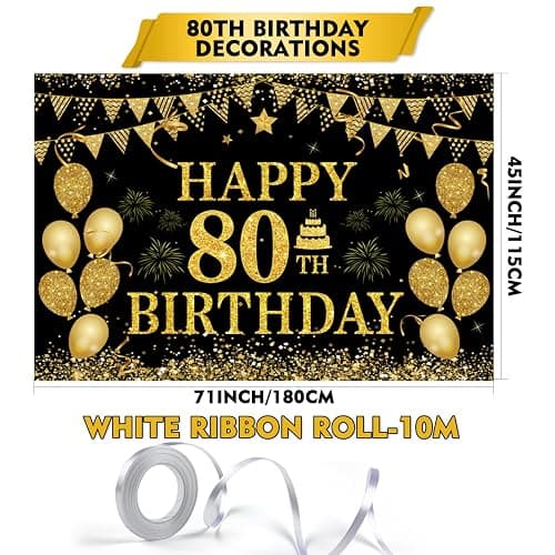 80th Birthday Decorations for Men Women - Happy 80th Birthday Banners Decorations Black Gold 80 Years Birthday Party Favor Backdrop for 80th Birthday Party Sign Decor (71 x 45 inch) thumbnail 2