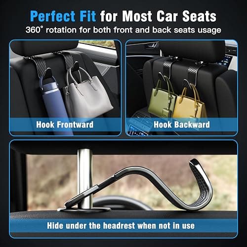 4-Pack Car Headrest Hooks Holds 55lbs Seat Storage Organizer for Bags | Durable ABS Material, 360° Rotating, Car Hanger for Backpack Umbrella Water Bottle Coat Handbags Groceries, Checkered Black thumbnail 3