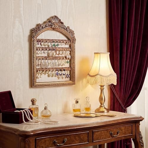 Fiwochic 1 Pcs 10 x 6.9'' Wall Hanging Earring Holder Organizers Vintage Arched Frame 4 Layer Wall Mounted Jewelry Holder Decorative Retro Baroque Stud Earring Display (Gold) thumbnail 2