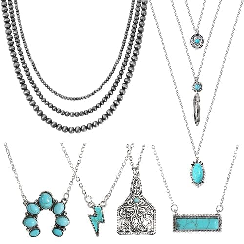WAINIS 6PCS Western Necklaces for Women Layered Navajo Pearl Necklace Turquoise Cow Lightning Horseshoe Pendant Necklace Cowgirl Boho Set - Image 1