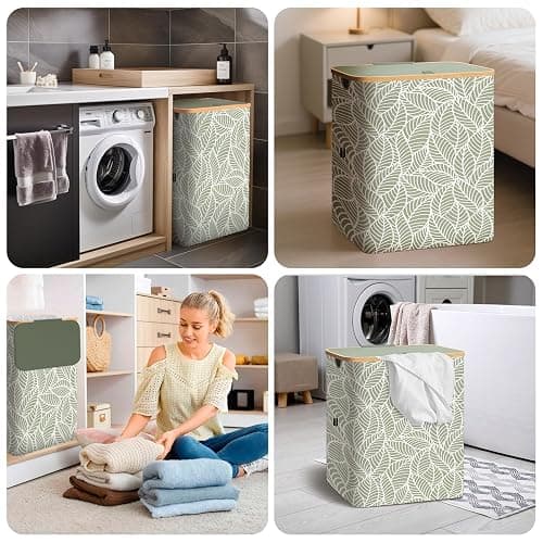 BALEINE Laundry Hamper with Lid, Tall Laundry Baskets with Bamboo Pull Handles, Large Laundry Bin with Internal Support (18 Gal/70L, Antique Foliage) thumbnail 8