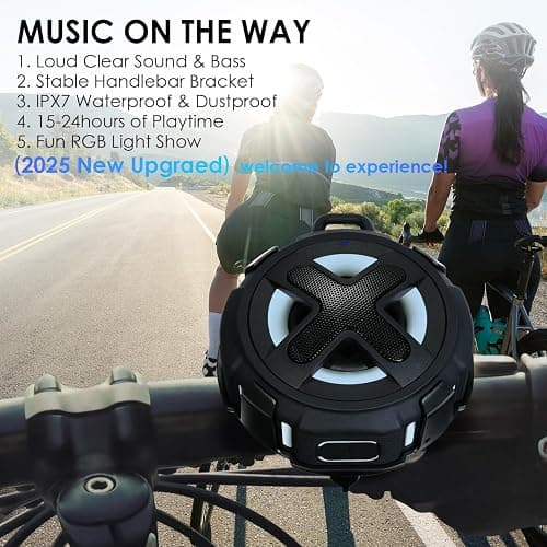 Upgraded, Pro Bike Speaker, with Pro Handlebar Mount, Bluetooth V5.4, IPX7 Waterproof, Silicone Case, Broadcast Navigation,10W Bassup, 15-24H Playtime, Hook, Bicycle, Motorcycle, Bike Accessories thumbnail 3