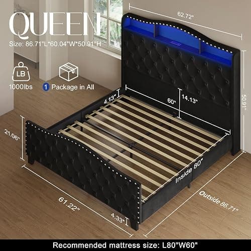 Belffin Queen Size Platform Bed Frame with 50.9" LED Headboard, Black | Velvet Upholstered Low-profile Bed, Handmade Tufting, Nailhead Wingback, Tall Footboard, Storage with Charger, Noise-Free thumbnail 2