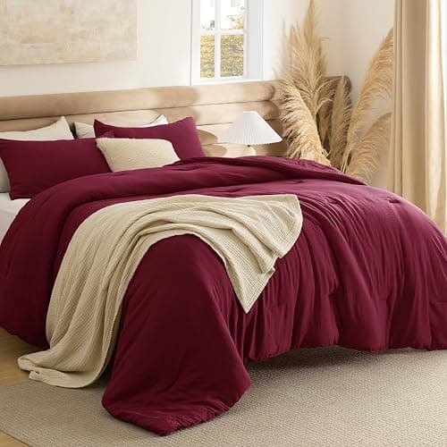 Bedsure King Size Comforter Set, Dark Red Soft Prewashed Bedding for All Seasons, 3 Pieces GentleSoft™ Warm Down Alternative Bed Set, 1 Lightweight Comforter (104"x90") and 2 Pillowcases (20"x36") - Image 1
