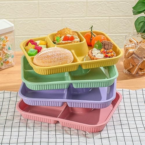 Pinkunn 8 Pcs 10'' Divided Plates Unbreakable Wheat Straw Dinnerware Lunch Trays Lightweight Reusable Plastic Compartment Microwave Dishwasher Safe Separator Plates (Green, Purple, Pink, Yellow) thumbnail 7