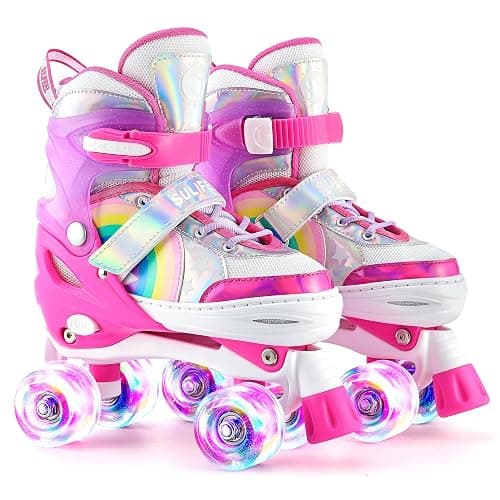 SULIFEEL Rainbow Unicorn 4 Size Adjustable Light up Roller Skates for Girls Boys for Kids - Image 1