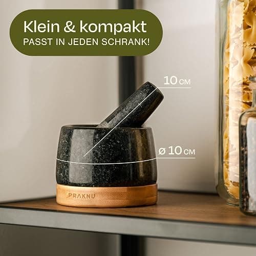 Praknu Mörser aus Granit klein mit Stößel - Für ein feines Mahlergebnis - Mit Untersetzer aus nachhaltigem FSC® Holz - Leicht zu Reinigen thumbnail 4