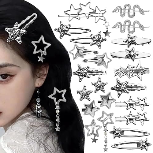 22 Pcs Silver Hair Clips Metal Star Barrettes, 13 Shapes Hairpin Barrettes, Goth Hair Pins Set, Punk 2000s Hair Accessories for Women and Girls Styling Star Hairpin (22 PCS) - Image 1