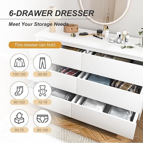 CIPACHO White 6 Drawer Dresser for Bedroom,Modern Deep Drawer Dresser with No-Handle Design,Wide Storage Chest of Drawers,Wood Bedroom Storage Organizer Furniture for Closet,Hallway thumbnail 6