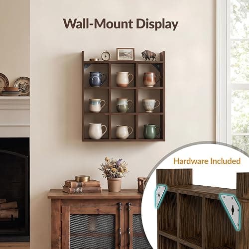 NiHome Mug Holder, Coffee Cup Rack, 9 Cups Wood Wall Mount Display Stand | Burnt Pine Wood, Rustic Hanger For Kitchen, Bar, Office. Easy Assembly With Hardware & Silicone Pads For Tabletop Use thumbnail 4