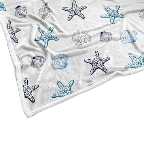 Ydbkt Coastal Ocean Beach Throw Blanket, Starfish Seashells Summer Fleece Blue Grey on White Blanket, Ocean Theme Lightweight Soft Cozy for Sofa Couch Bed Room Decor 50"x60" thumbnail 6