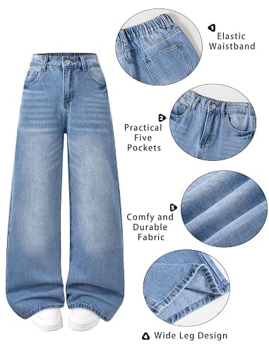 Fulihug Jeans for Girls Baggy Wide Leg Cute Bow High Elastic Waisted Denim Pants Y2K Boyfriend Skater Streetwear 7-14Y thumbnail 6