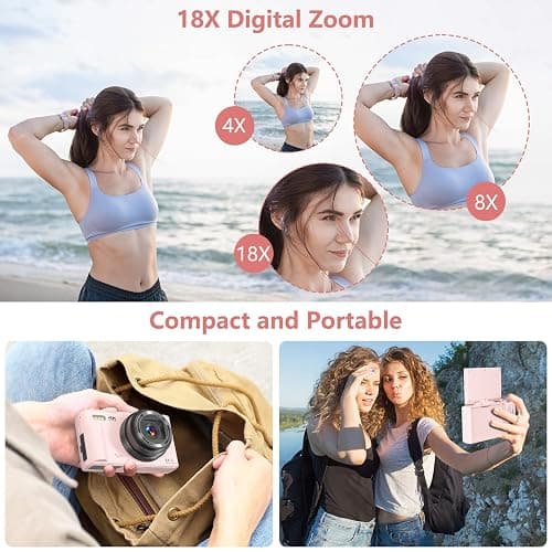 Digital Camera for Photography, 4K Vlogging Camera for YouTube 3" 180° Flip Screen 18X Digital Zoom Compact Cameras with 32GB TF Card & 2 Batteries, Pink thumbnail 4