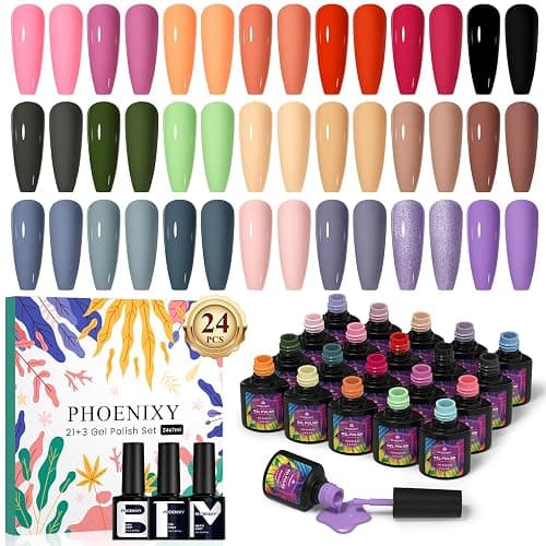 Gel Nail Polish Set-21+3 Pcs Phoenixy Gel Nail Polish Set with Glossy Matte Base Top Coat Popular Nail Art Salon Design Kit Gift for Women - Image 1
