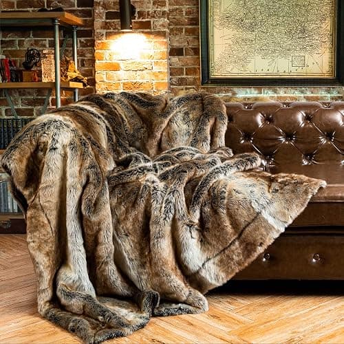 BATTILO HOME Luxury Brown Faux Fur Blanket Thick Warm Elegant Cozy Fuzzy Throw for Couch, Bed, Sofa Fluffy Blankets Decorative Reversible to Plush Velvet, 50"x60" - Image 1
