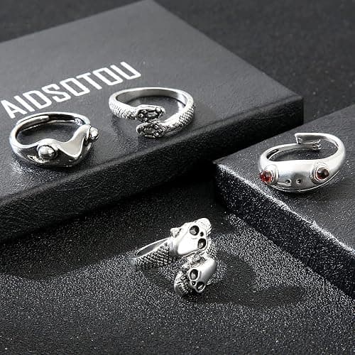 AIDSOTOU Mens Vintage Open Rings Set Frog Snake Skull Cool Punk Goth Ring for Men Women Adjustable (Silver-16 PCS) thumbnail 4