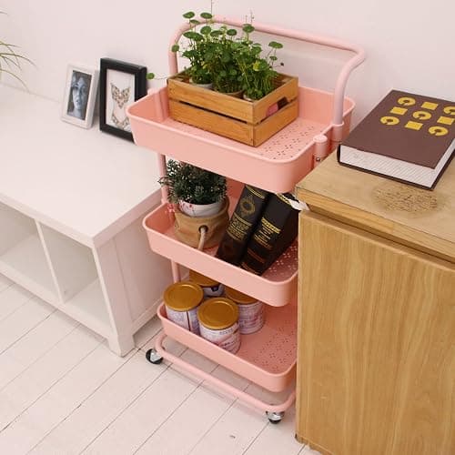 Lontenrea 3-Tier Multifunction Rolling Cart Utility Storage Shelves Cart with Hanging Cup Lockable Wheels and Handle for Office Living Room Kitchen Bathroom (Pink) thumbnail 2