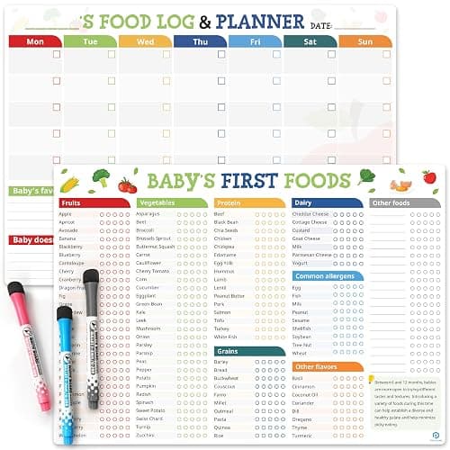 POCAZONE Set of 2 Baby First Foods Tracker Fridge Magnet, Nutrition Poster, Daily Log Meal Planner Checklist, 101 Foods Before 1, Dry Erase Whiteboard for Refrigerator, 3 Dry-Erase Markers - Image 1