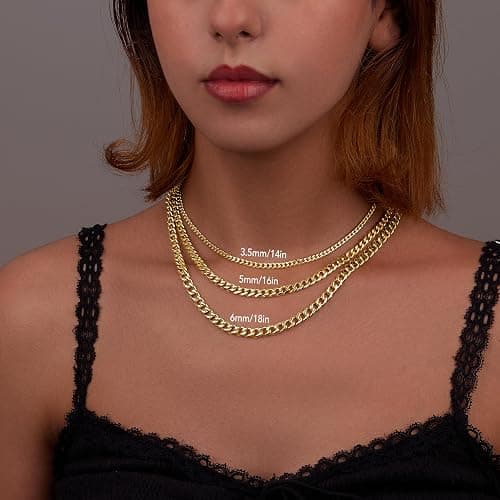WomenGifts Cuban Link Chain Necklace for Women, Waterproof 14k Gold Silver Plated Chain Choker, Non Tarnish Stainless Steel Jewelry, 3.5/5/6/8/11mm,14/16/18 Inch Thin&Chunky&Thick thumbnail 2