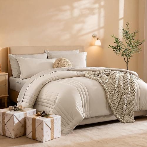 Monbix Queen Comforter Set - 7 Pieces Beige Bed in a Bag Queen Bedding Sets with Comforters, All Seasons Comforter Bed Set with Sheets,Pillowcases & Shams thumbnail 2