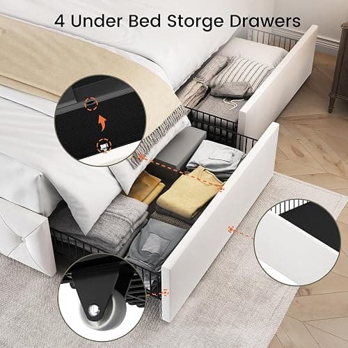 LARMACE Queen Size Bed Frame with 4 Storage Drawers and Wingback Headboard Velvet Upholstered Platform Bed Frame Tufted Beds with Wooden Slats Support, Easy Assembly, White thumbnail 5