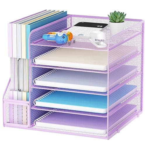 Marbrasse Desk Organizers and Accessories, 5-Tier Paper Letter Tray Organizer with File Holder, Mesh File Organizer, Office Desk Accessories & Organization for Supplies (Purple) - Image 1