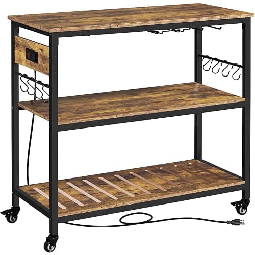 Yaheetech Kitchen Island Cart with Power Outlet, Kitchen Carts on Wheels with Storage, 3-Tier Microwave Stand with Foodpads, Glass and Mug Holders, 8 Hooks, Rustic Brown - Image 1