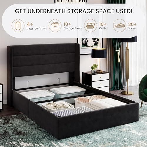 SHA CERLIN Queen Size Lift Up Storage Bed/Velvet Upholstered/Modern Wingback Headboard/Upholstered Platform Bed Frame/Hydraulic Storage/No Box Spring Needed/Black thumbnail 3
