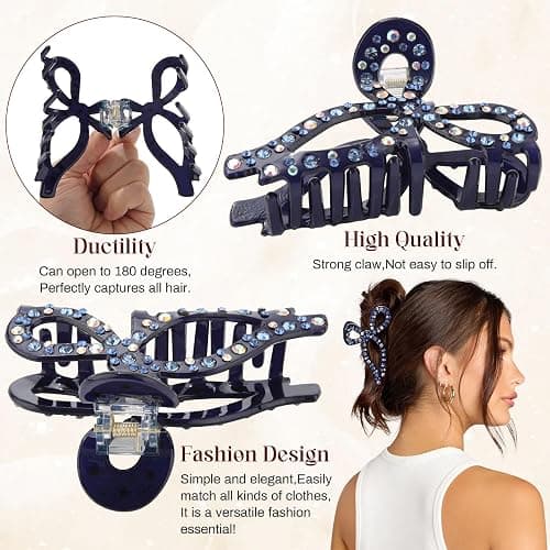AWAYTR Rhinestone Hair Bow Claw Clip for Women, 4.3", Butterfly Style, Non Slip, for Long Thick Hair (Navy) thumbnail 6