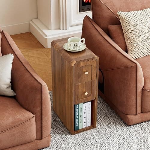 MAHYIZYI Narrow Nightstand with 2 Drawers, Small Bedside Tables, Mid-Century Modern Slim Night Stand with Storage, Wooden End Table for Small Spaces, Bedroom, Living Room (Walnut-1PCS) thumbnail 3