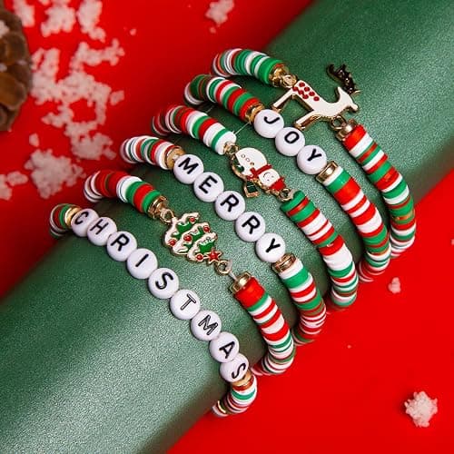 Artlunar 6 Pack Christmas Bracelets: Joy & Merry Candy-Style Stacks for Women & Teens - Perfect Christmas Gifts - Age 3 to Adult thumbnail 2