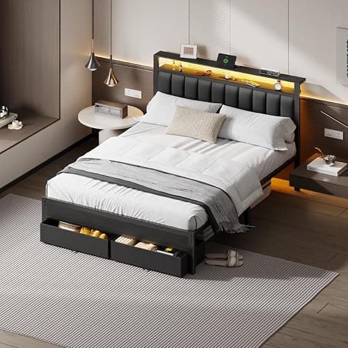 Furnulem Queen Bed Frame with Charging Station and LED Lights, Grey Upholstered Headboard with Shelves, Metal Platform Bed with 2 Under-Bed Storage (Fabric Drawer on Wheels), No Box Spring Needed thumbnail 3