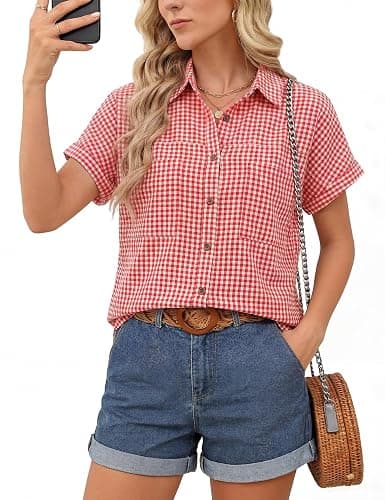 Button Down Shirt for Women Short Sleeve Blouses Dressy Casual Business Work Summer Vacation Tops Hawaii Shirts with Pockets - Image 1