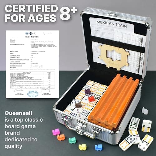Queensell Mexican Train Dominoes Set with 8 Holders - Wooden Hub and Tiles Holders - Double 12 Tiles with Dots (D12 + 8 Holders) thumbnail 6