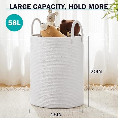Woven Rope Laundry Hamper Basket by YOUDENOVA, 58L Tall Laundry Basket, Baby Nursery Hamper for Blanket Storage, Clothes Hamper for Laundry in Bedroom-Large-Pure White thumbnail 2