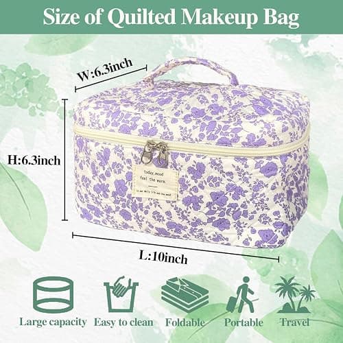 WYJ Purple Large Quilted Floral Makeup Bag Cute Soft Coquette Aesthetic Cosmetic Bag Cotton Travel Toiletry Bag for Women thumbnail 3