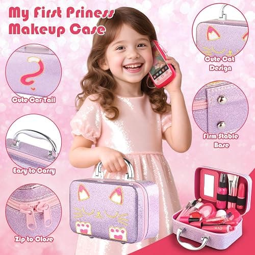 Woumserta Girl Gift Pretend Makeup for Toddlers 3-5 4-6, Fake Makeup Set with Cat Commetic Case, Play Makeup for Kids Age 3 4 5 Year Old, Toddler Make Up Kit for Little Girls Birthday thumbnail 2