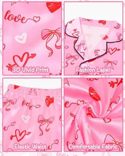 Sylfairy Girls Pajamas Silk PJS Set Pink Bow Satin Sleepwear Short Sleeve Jammies for Kids Button-Down Nightwear size 7-14 thumbnail 5
