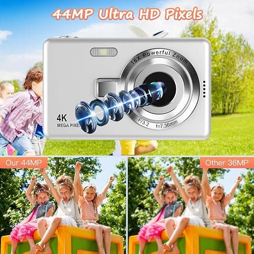 Digital Camera 1080P FHD 44MP with 2.4" LCD Screen,16X Digital Zoom, Compact Portable Vlogging Camera with 32gb SD Card for Kids Teen Students Beginner (Silver) thumbnail 2